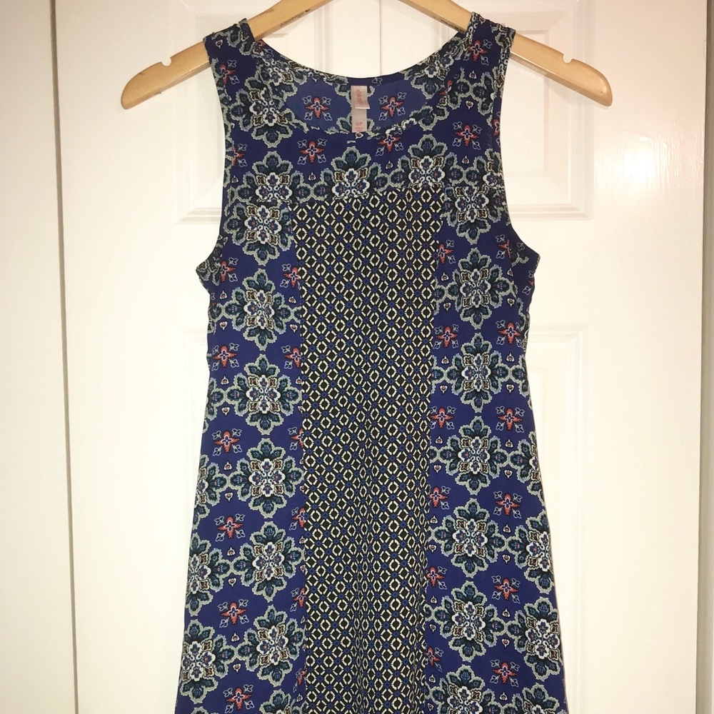 Blue Patterned Mini Dress with POCKETS